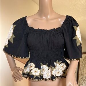 Floral Embroidered Black Top